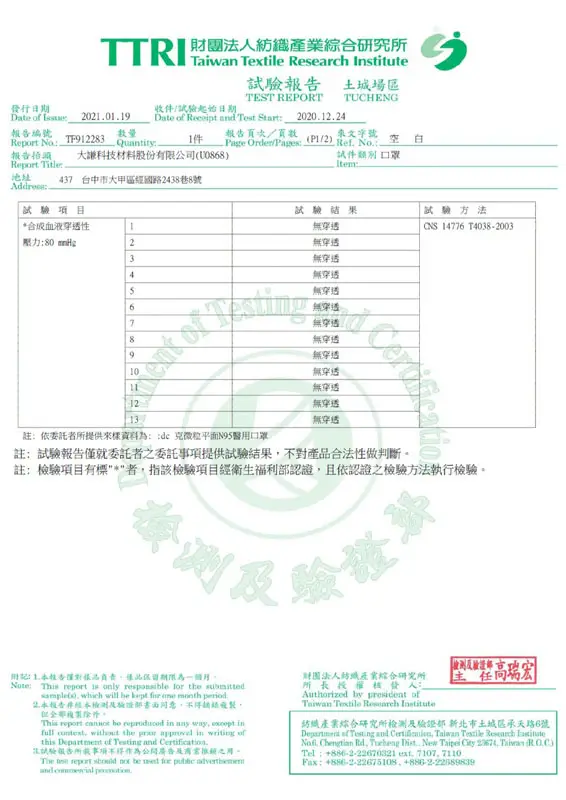 TAIWAN TTRI Blood Penetration Test