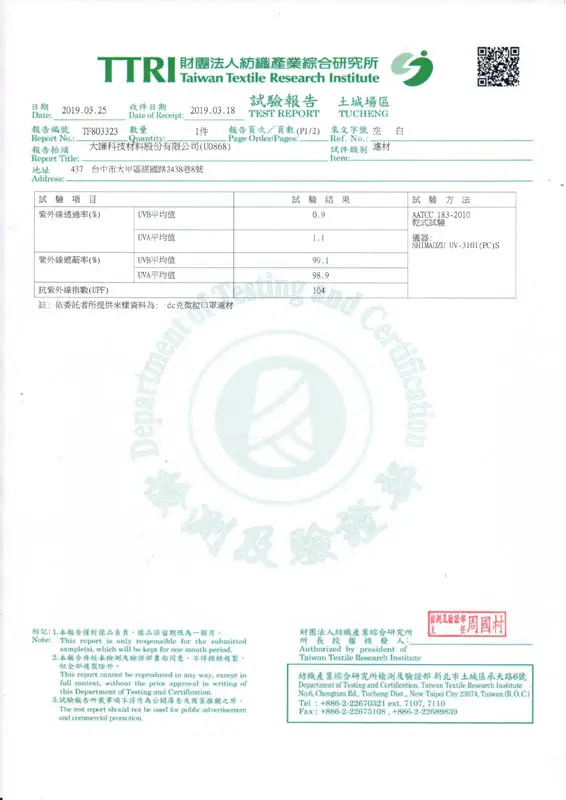 TAIWAN TTRI Ultraviolet Protect ion Factor