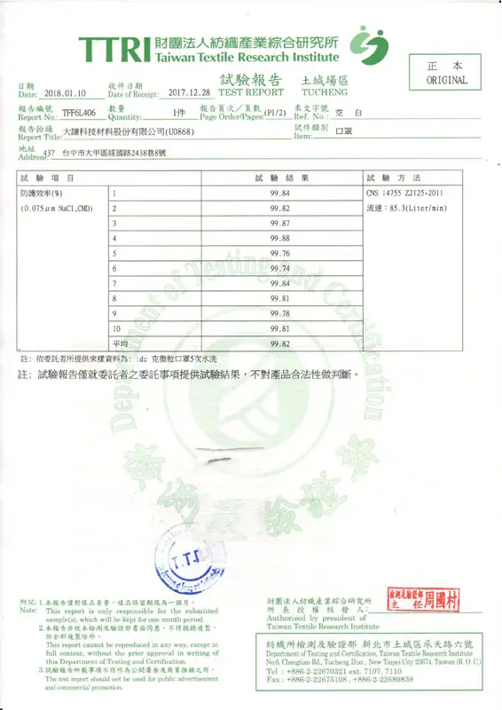 TAIWAN TTRI Protection Efficiency After Washing (Water)