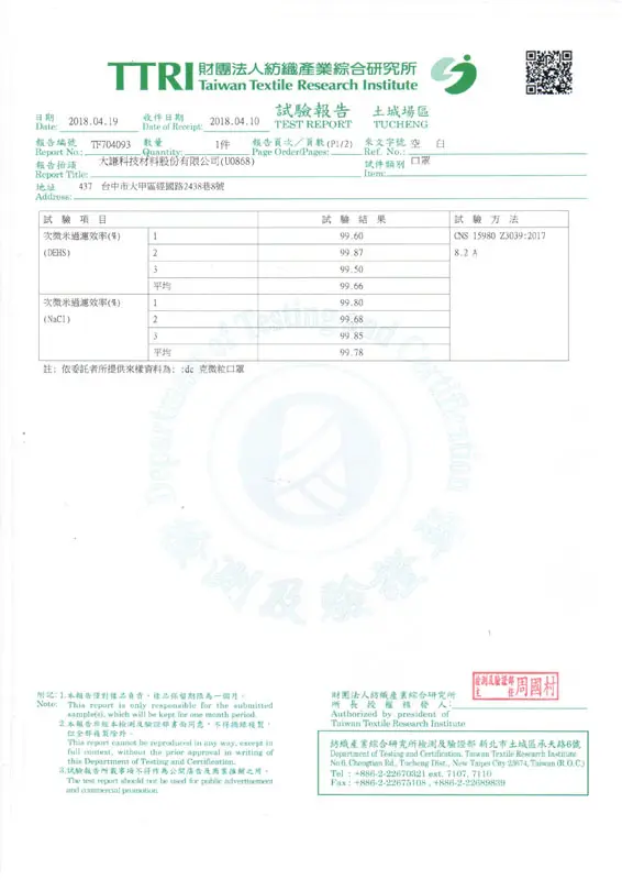 Taiwan TTRI CNS 15980 PM2.5 Mask A Class